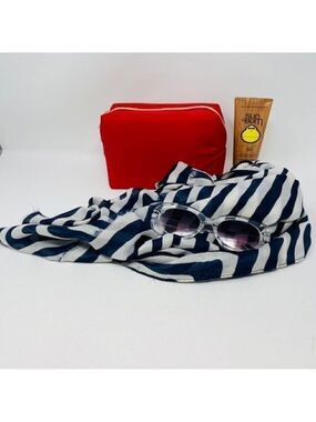 4 piece bag, scarf, sunglass and suncreen set